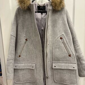 J. Crew Light Gray Wool Coat with Faux Fur Trim